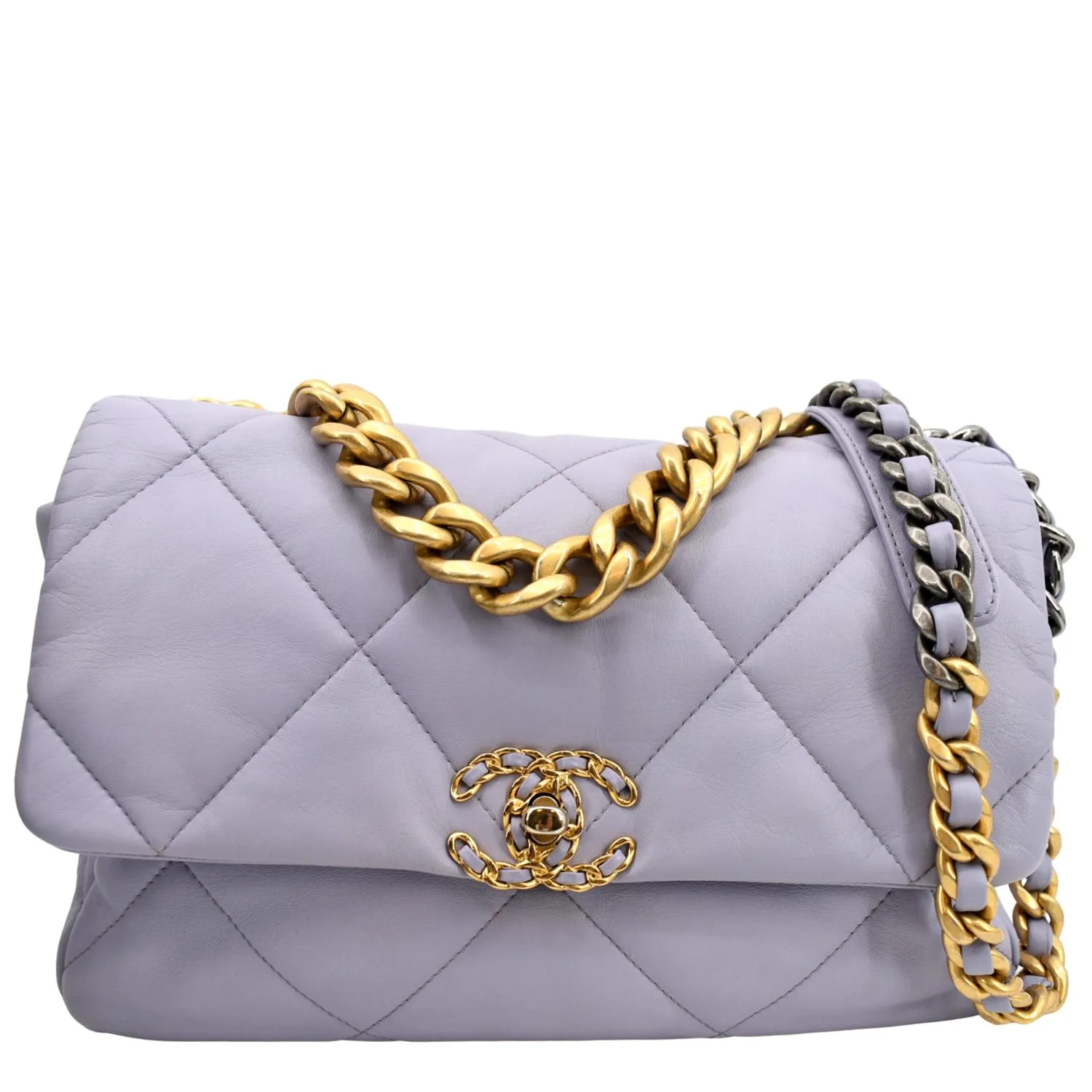 CHANEL 19 Large Flap Quilted Lambskin Leather Shoulder Bag Violet