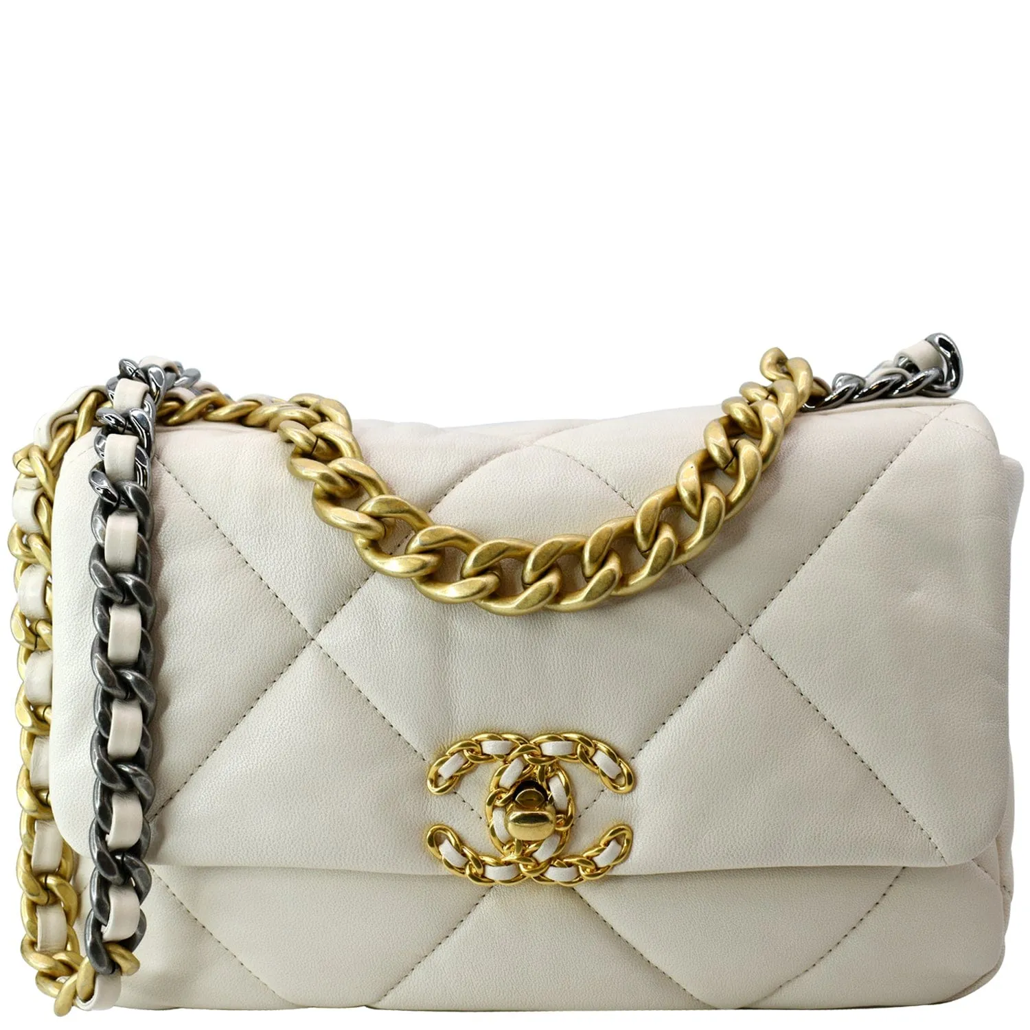CHANEL 19 Medium Flap Quilted Lambskin Leather Shoulder Bag White - Hot Deals