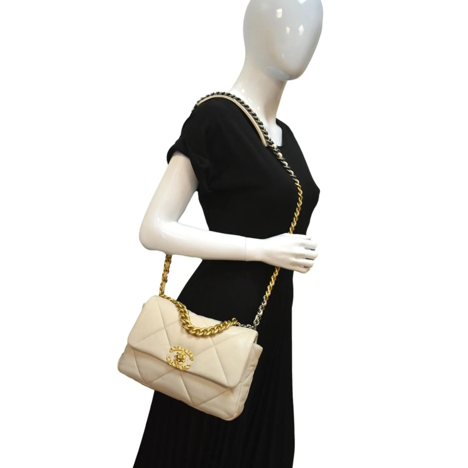 CHANEL 19 Medium Flap Quilted Lambskin Leather Shoulder Bag White - Hot Deals