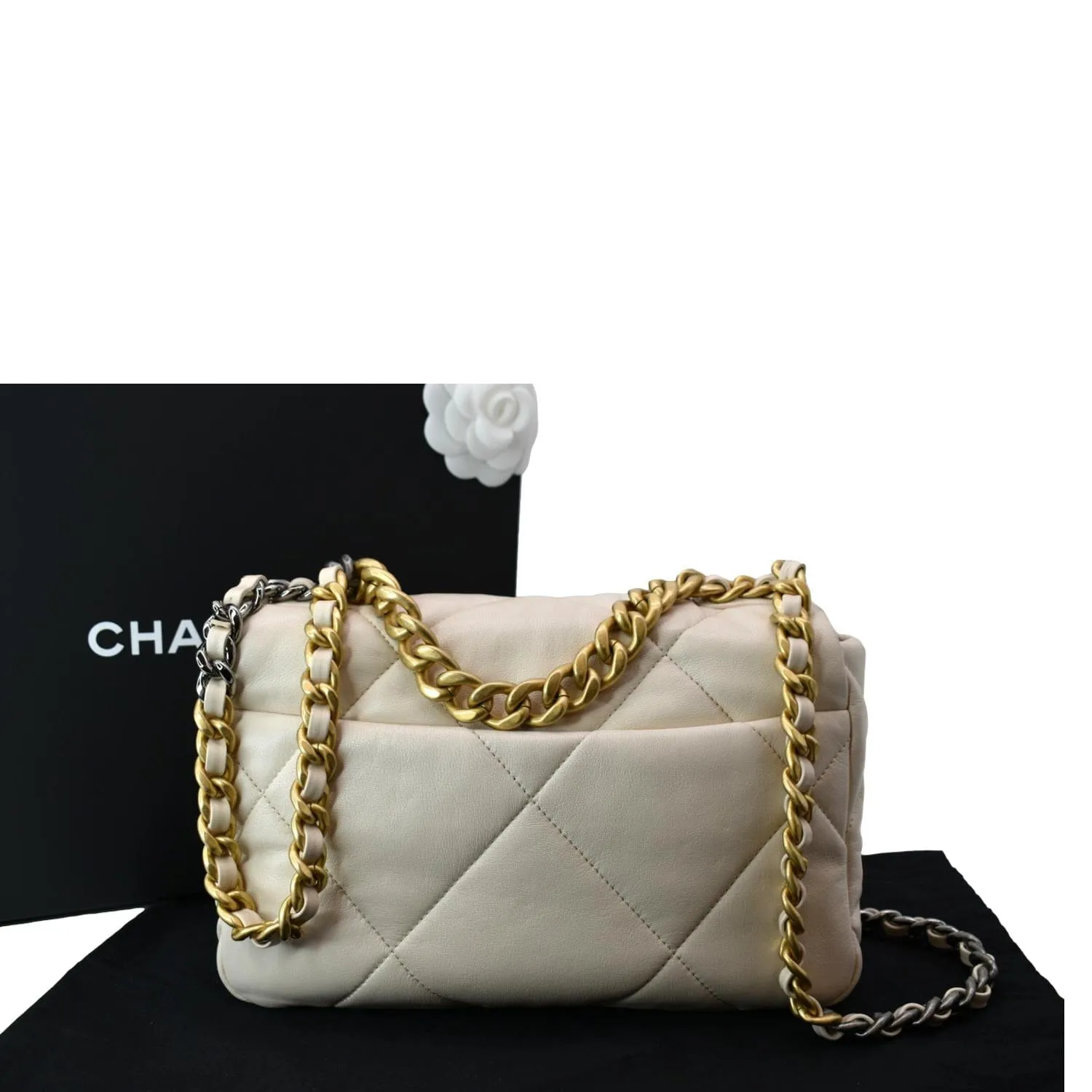 CHANEL 19 Medium Flap Quilted Lambskin Leather Shoulder Bag White - Hot Deals