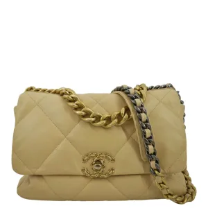 CHANEL 19 Small Flap Quilted Lambskin Leather Shoulder Bag Beige