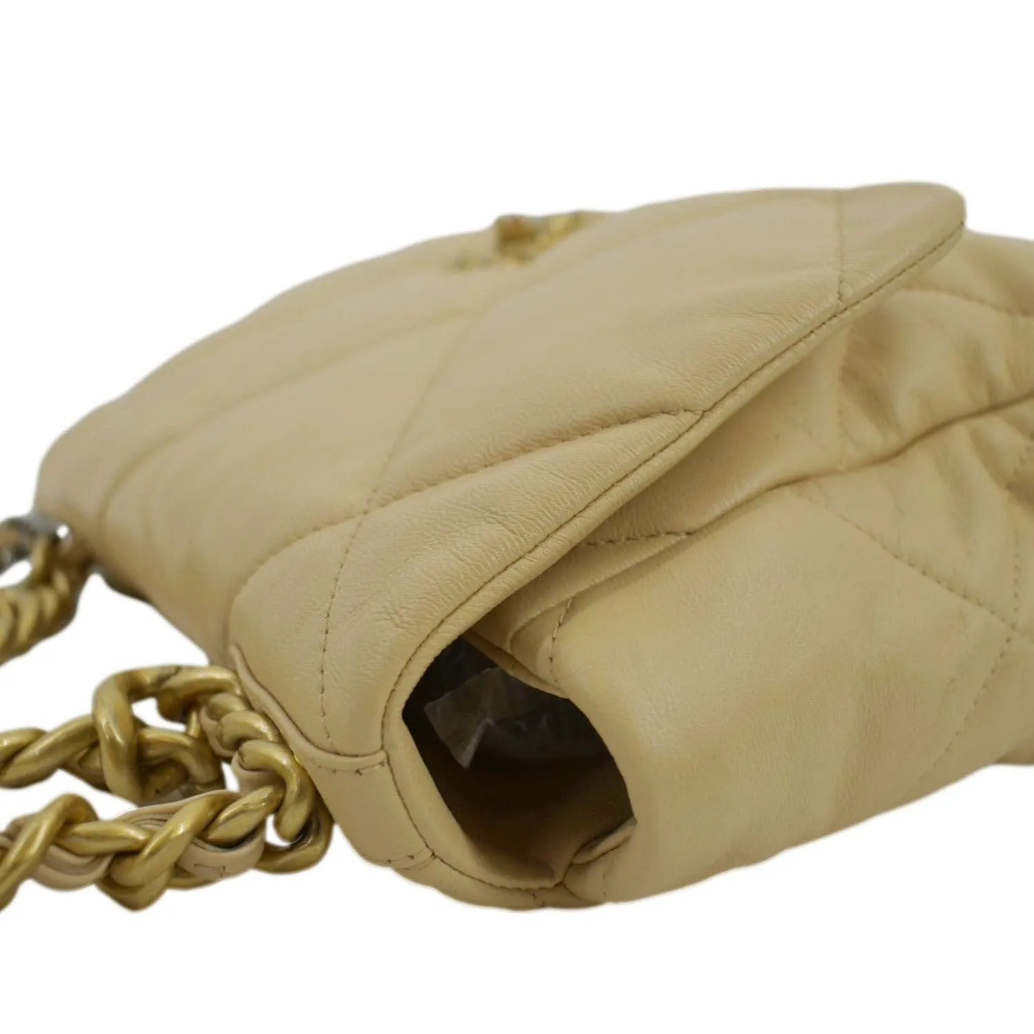 CHANEL 19 Small Flap Quilted Lambskin Leather Shoulder Bag Beige