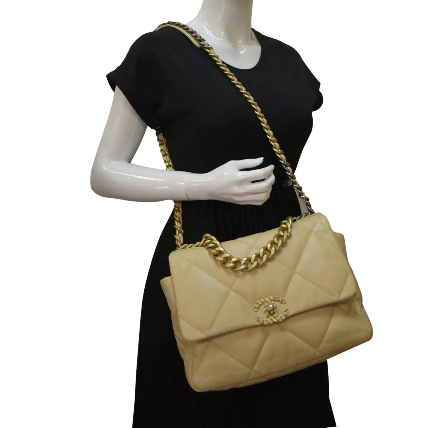 CHANEL 19 Small Flap Quilted Lambskin Leather Shoulder Bag Beige