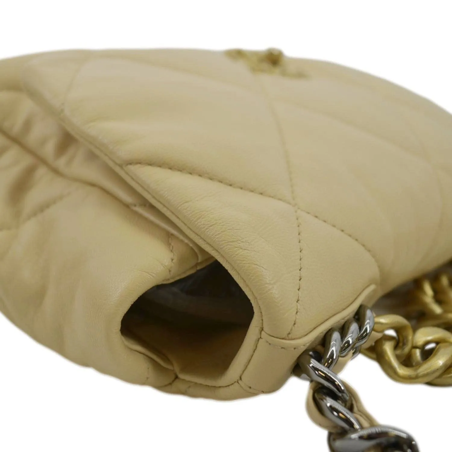CHANEL 19 Small Flap Quilted Lambskin Leather Shoulder Bag Beige