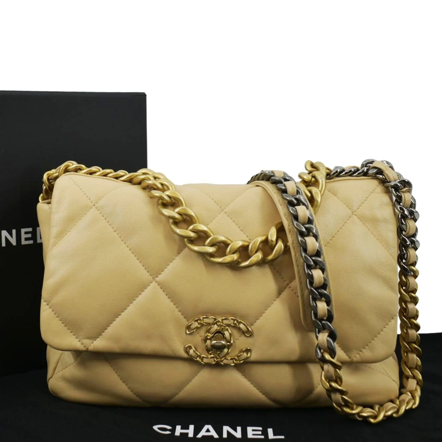 CHANEL 19 Small Flap Quilted Lambskin Leather Shoulder Bag Beige