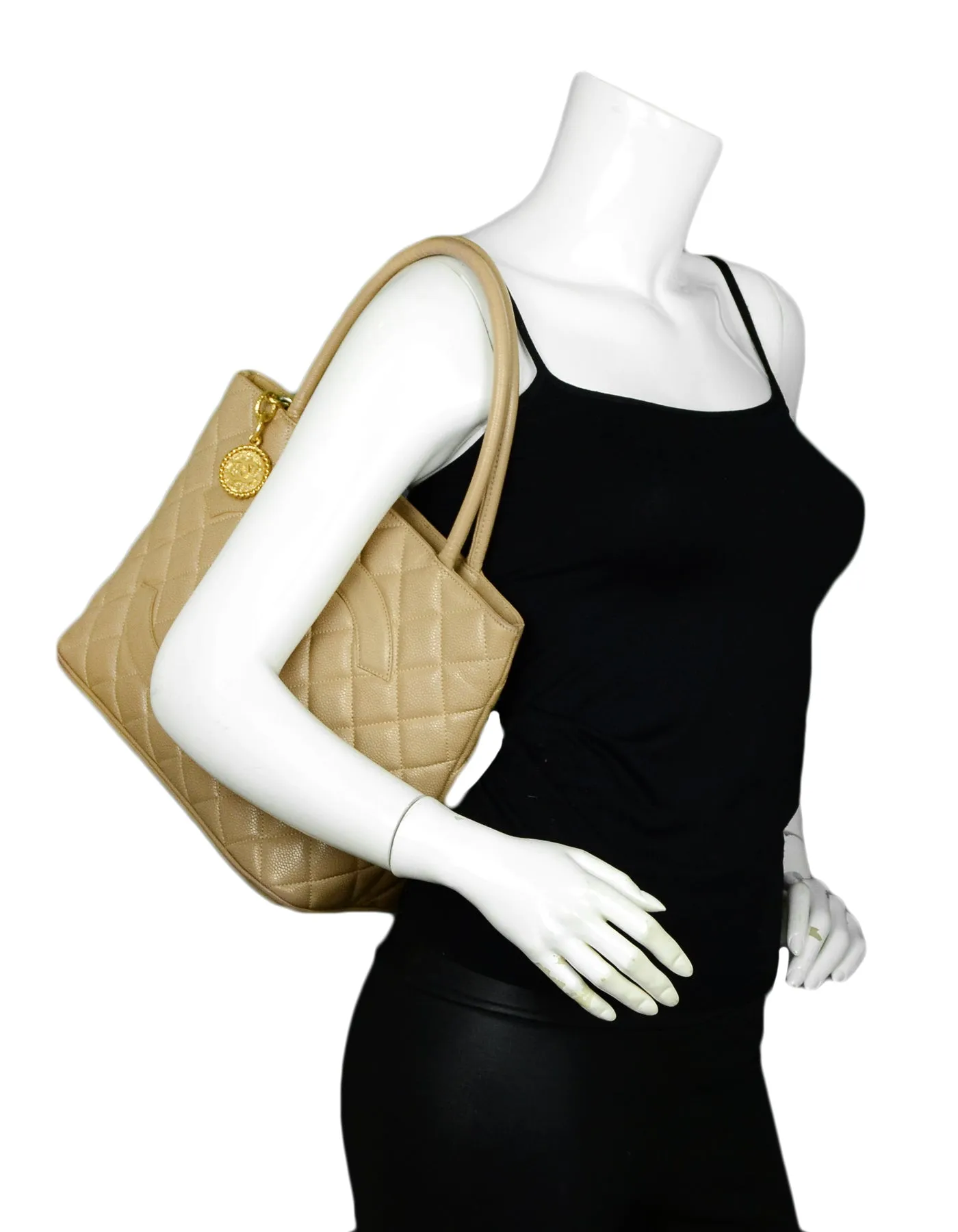 Chanel Beige Caviar Leather Medallion Tote Bag