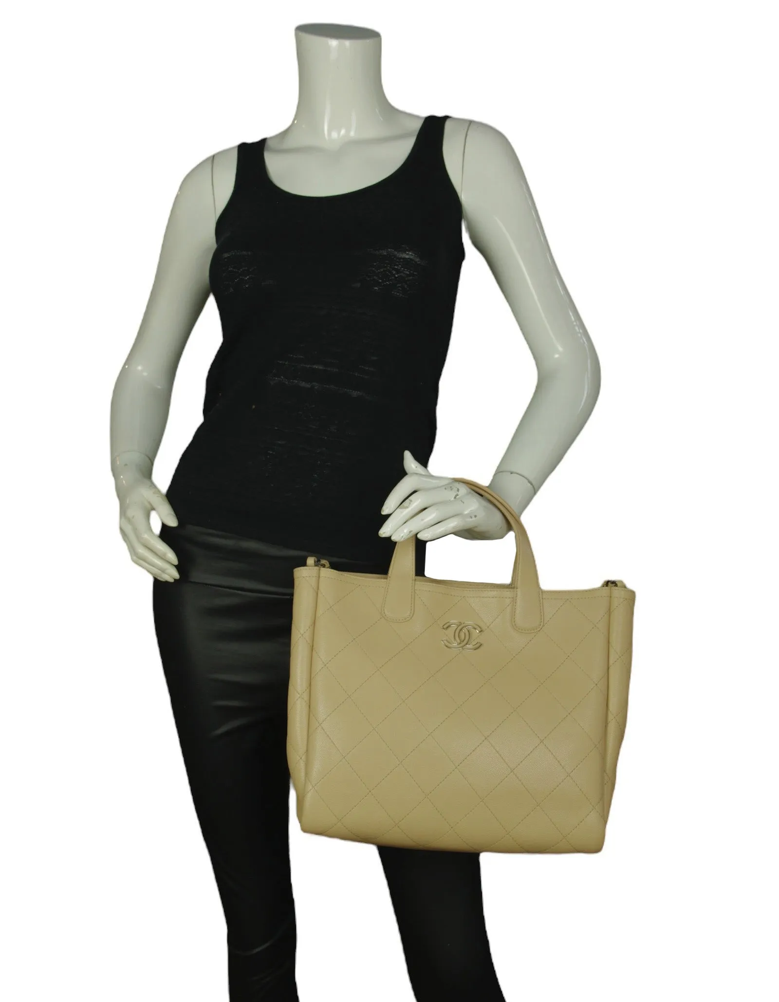 Chanel Beige Caviar Quilted CC Shopping Tote Bag
