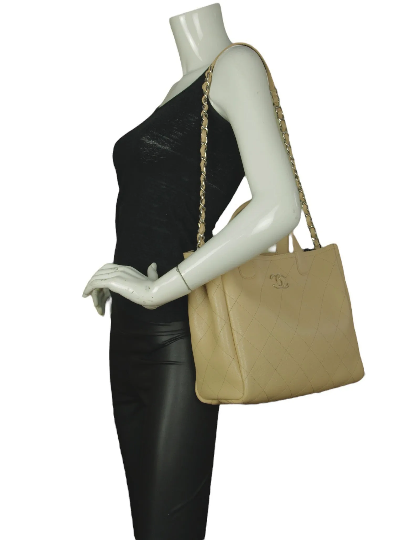 Chanel Beige Caviar Quilted CC Shopping Tote Bag