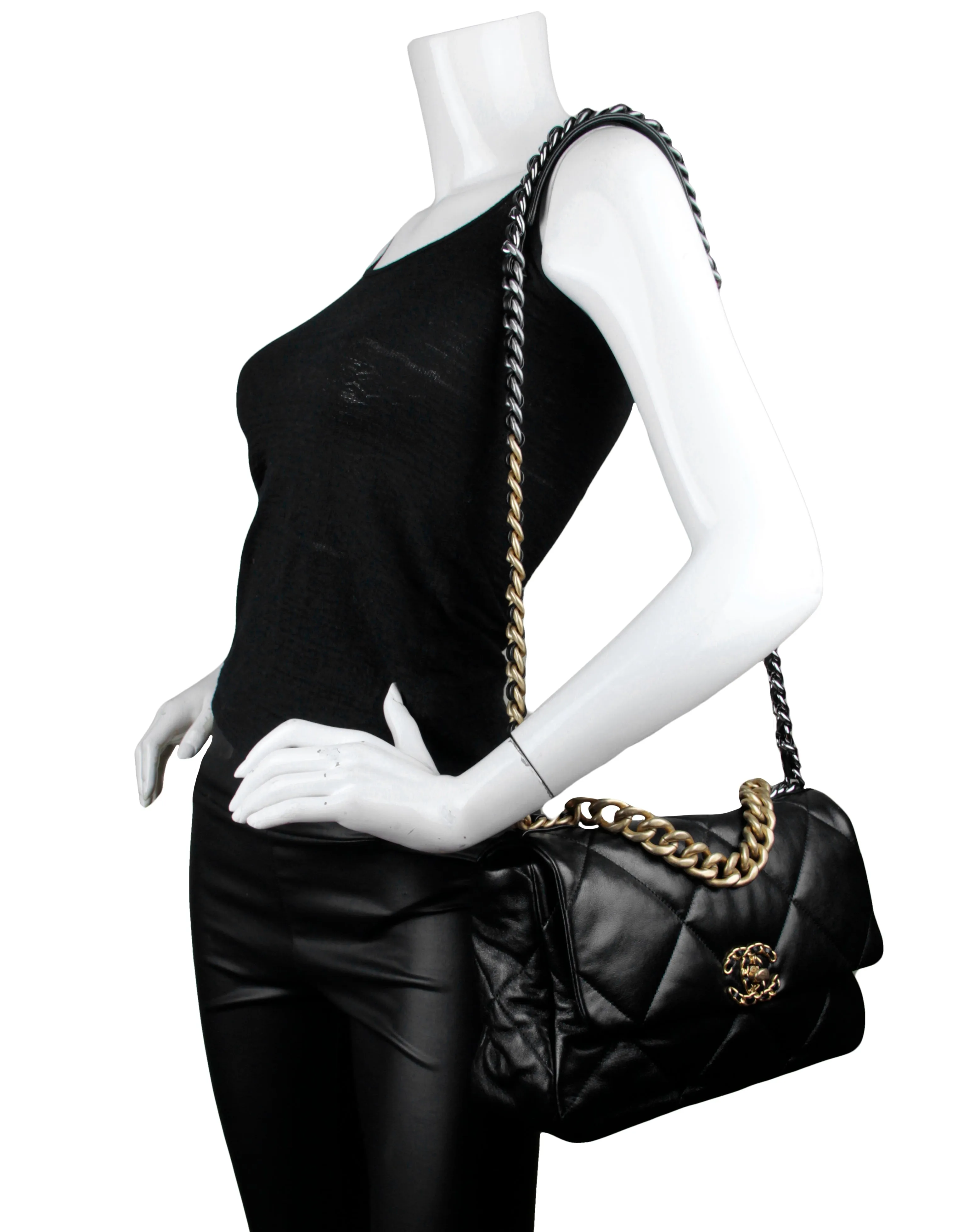 Chanel Black Calfskin Leather Quilted Large 19 Bag