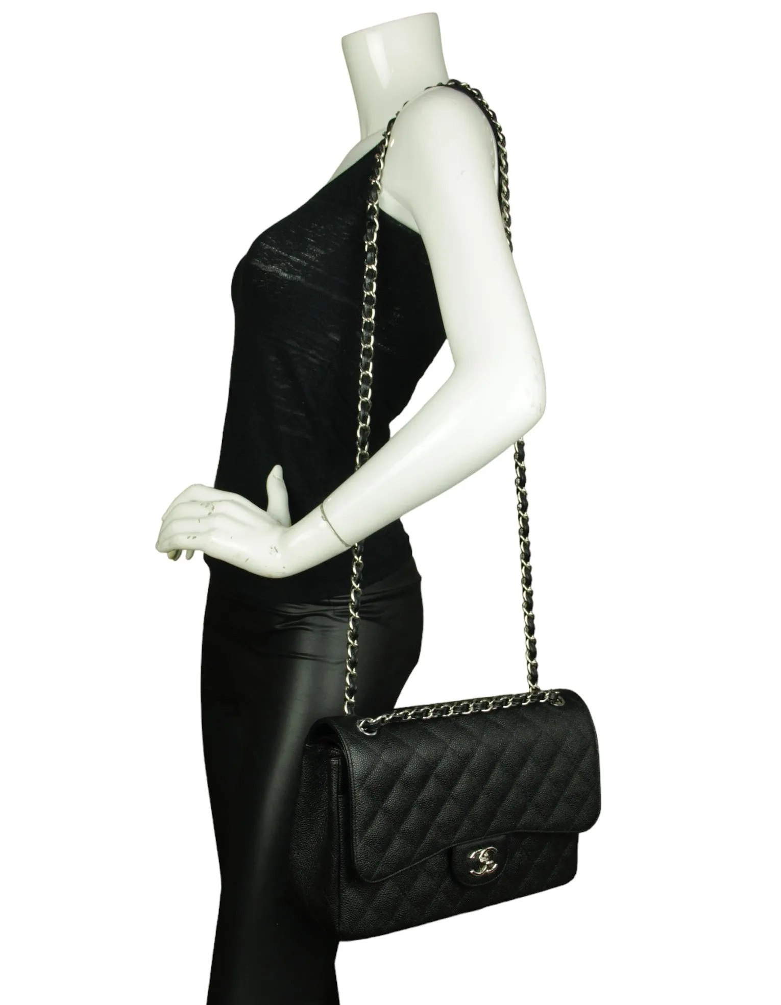Chanel Black Caviar Leather Double Flap Jumbo Bag