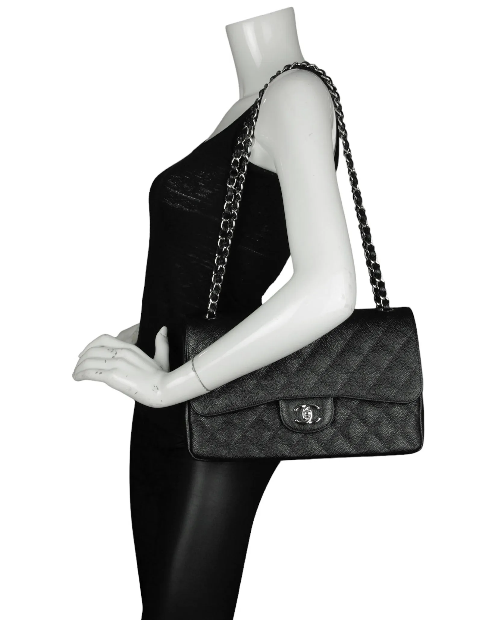Chanel Black Caviar Leather Double Flap Jumbo Bag