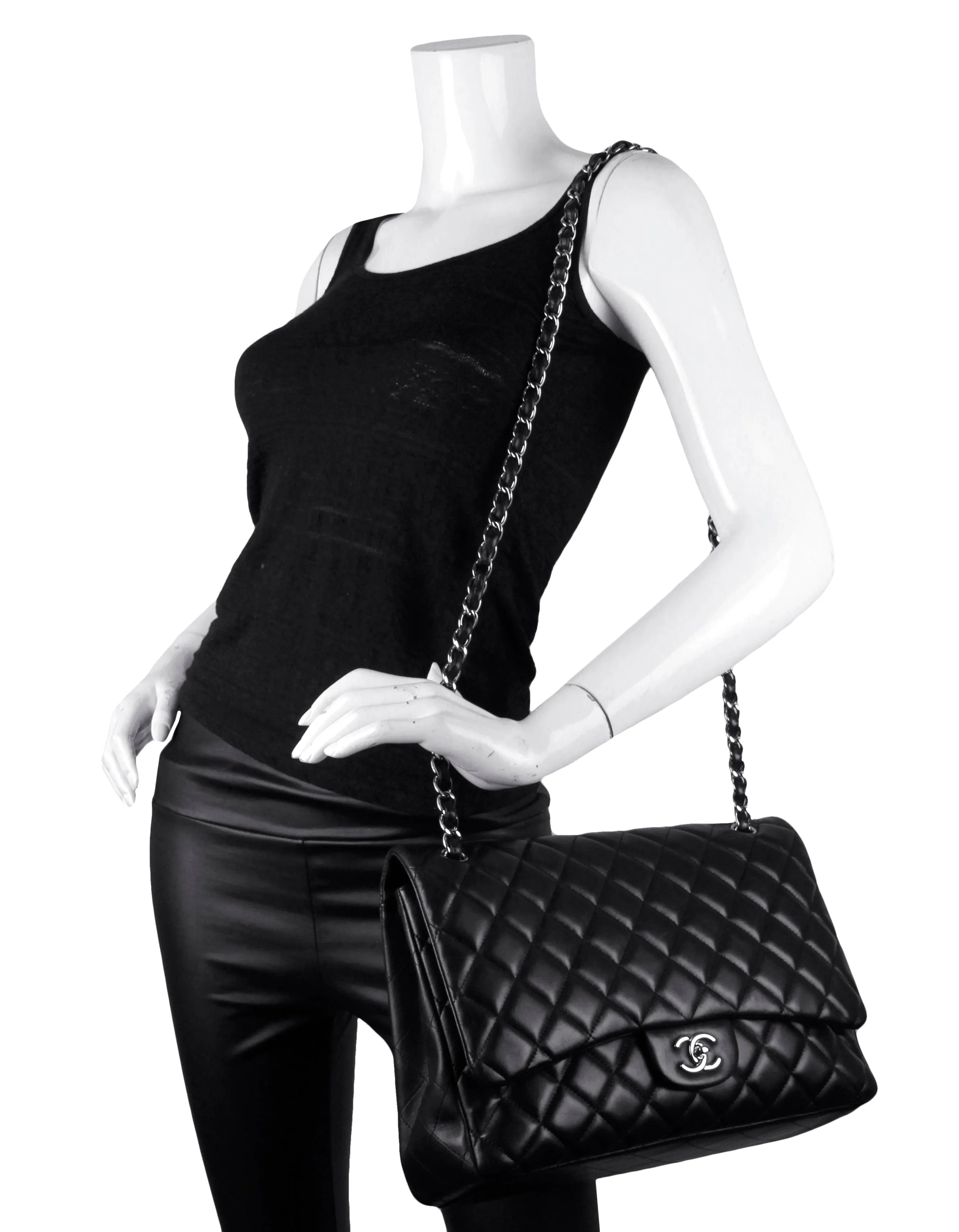 Chanel Black Lambskin Leather Single Flap Maxi Bag