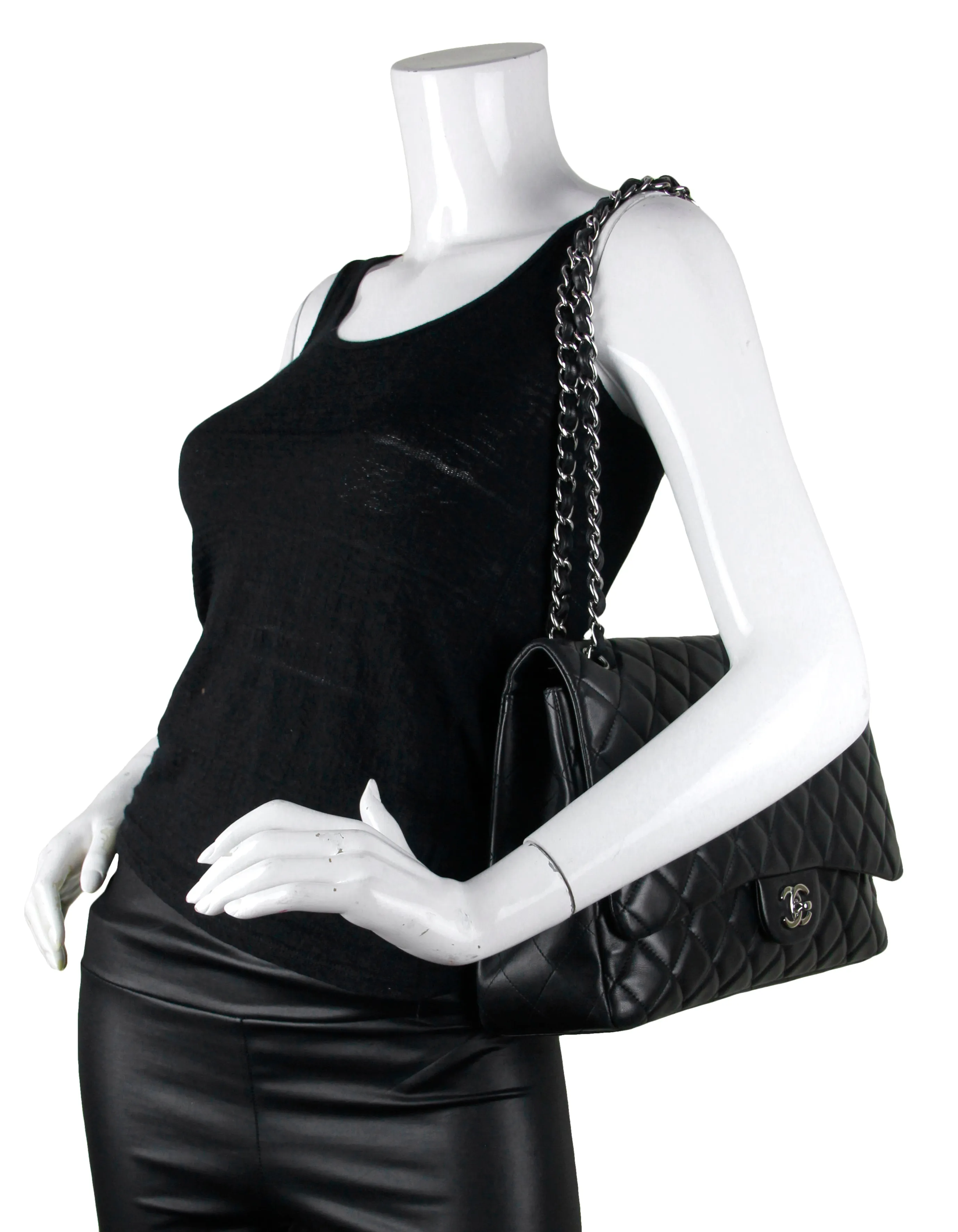 Chanel Black Lambskin Leather Single Flap Maxi Bag