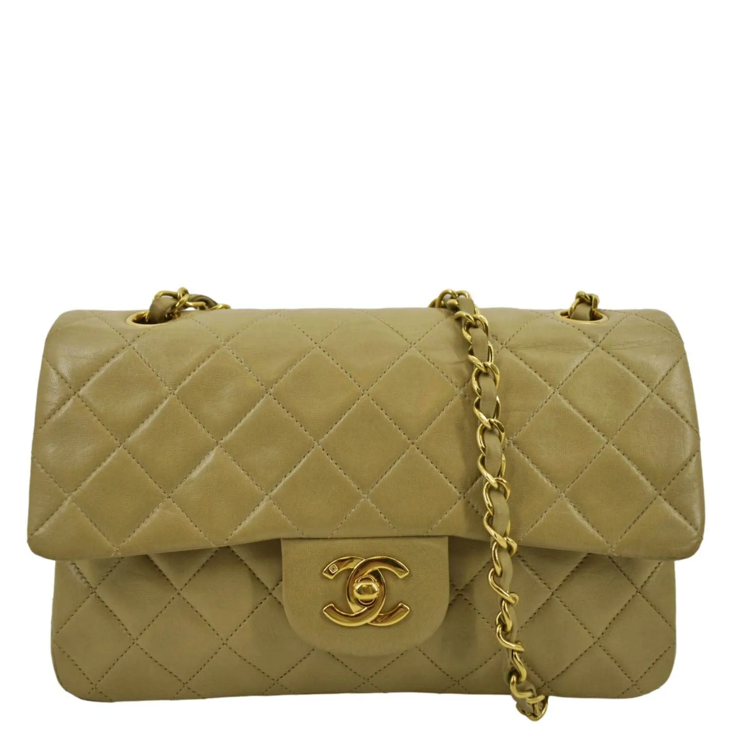 CHANEL Classic Double Flap Leather Shoulder Bag Beige