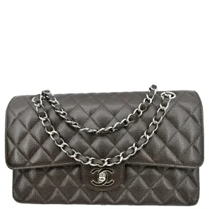 CHANEL Classic Medium Double Flap Caviar Leather Shoulder Bag Chocolate