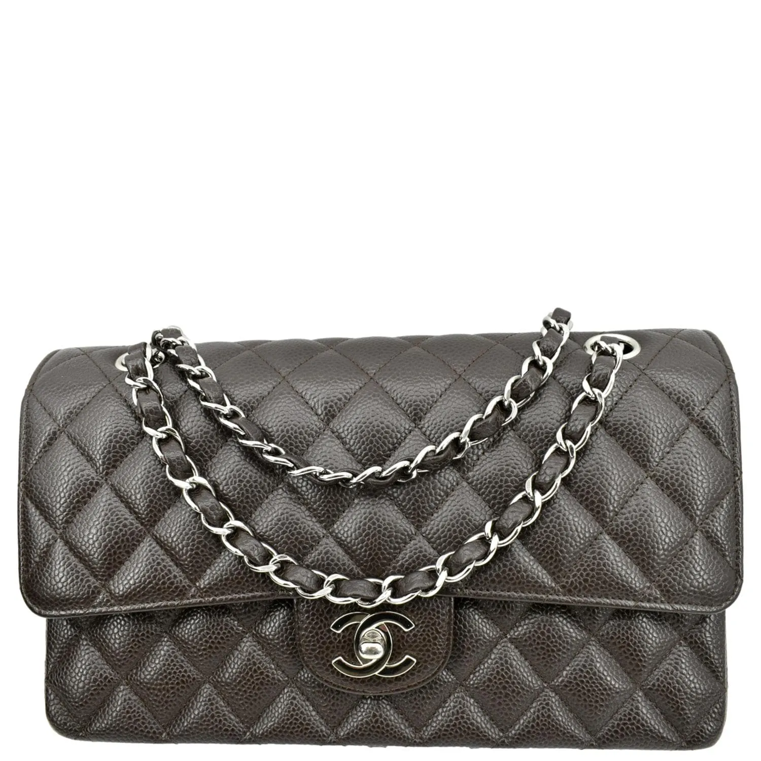 CHANEL Classic Medium Double Flap Caviar Leather Shoulder Bag Chocolate