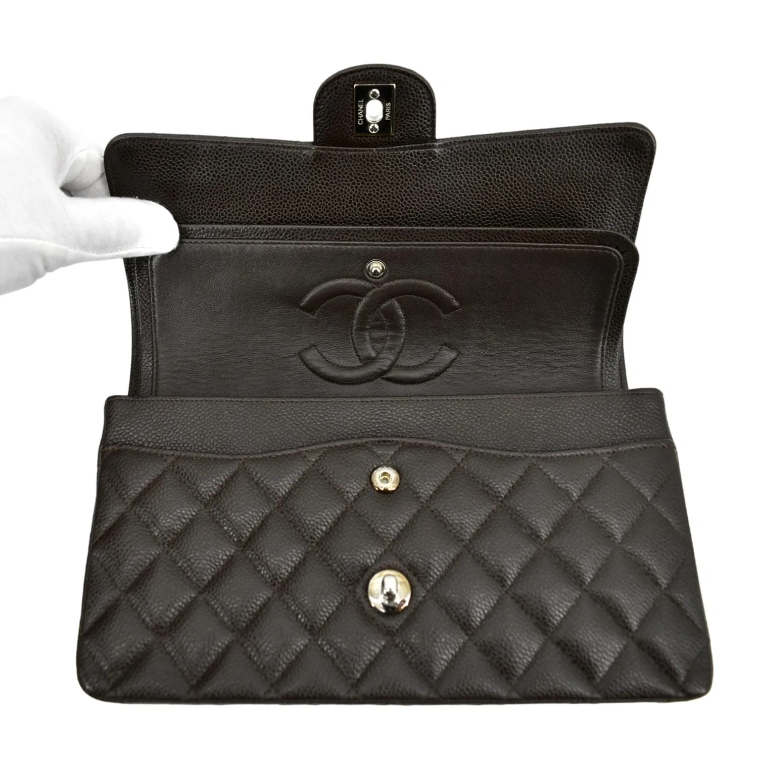 CHANEL Classic Medium Double Flap Caviar Leather Shoulder Bag Chocolate