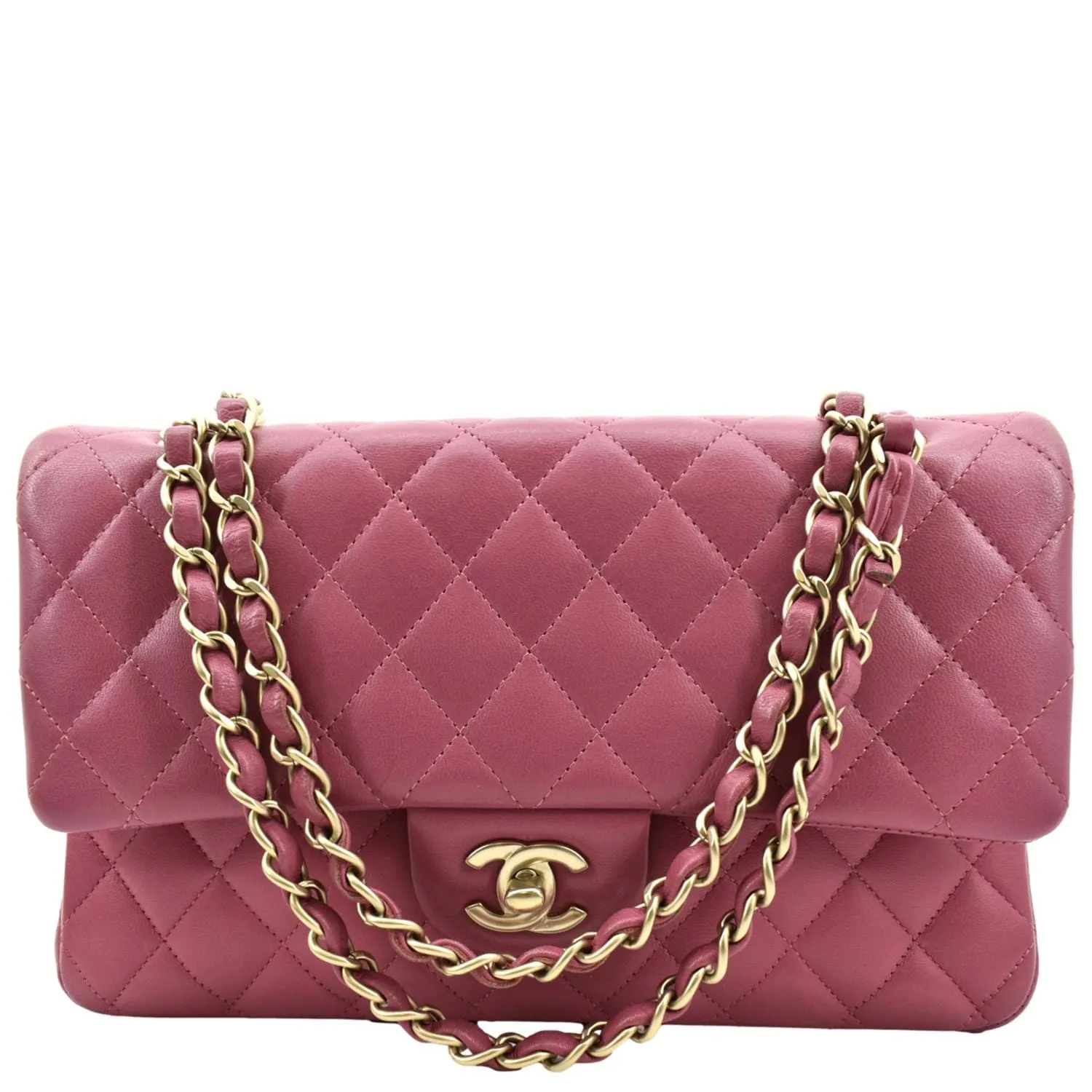 CHANEL Classic Medium Double Flap Quilted Leather Shoulder Bag Pink