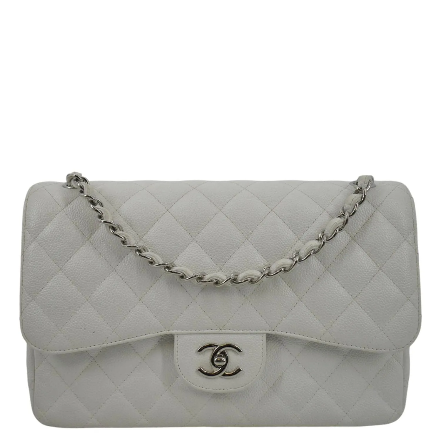 CHANEL Jumbo Double Flap Quilted Caviar Leather Shoulder Bag White