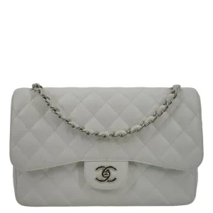 CHANEL Jumbo Double Flap Quilted Caviar Leather Shoulder Bag White