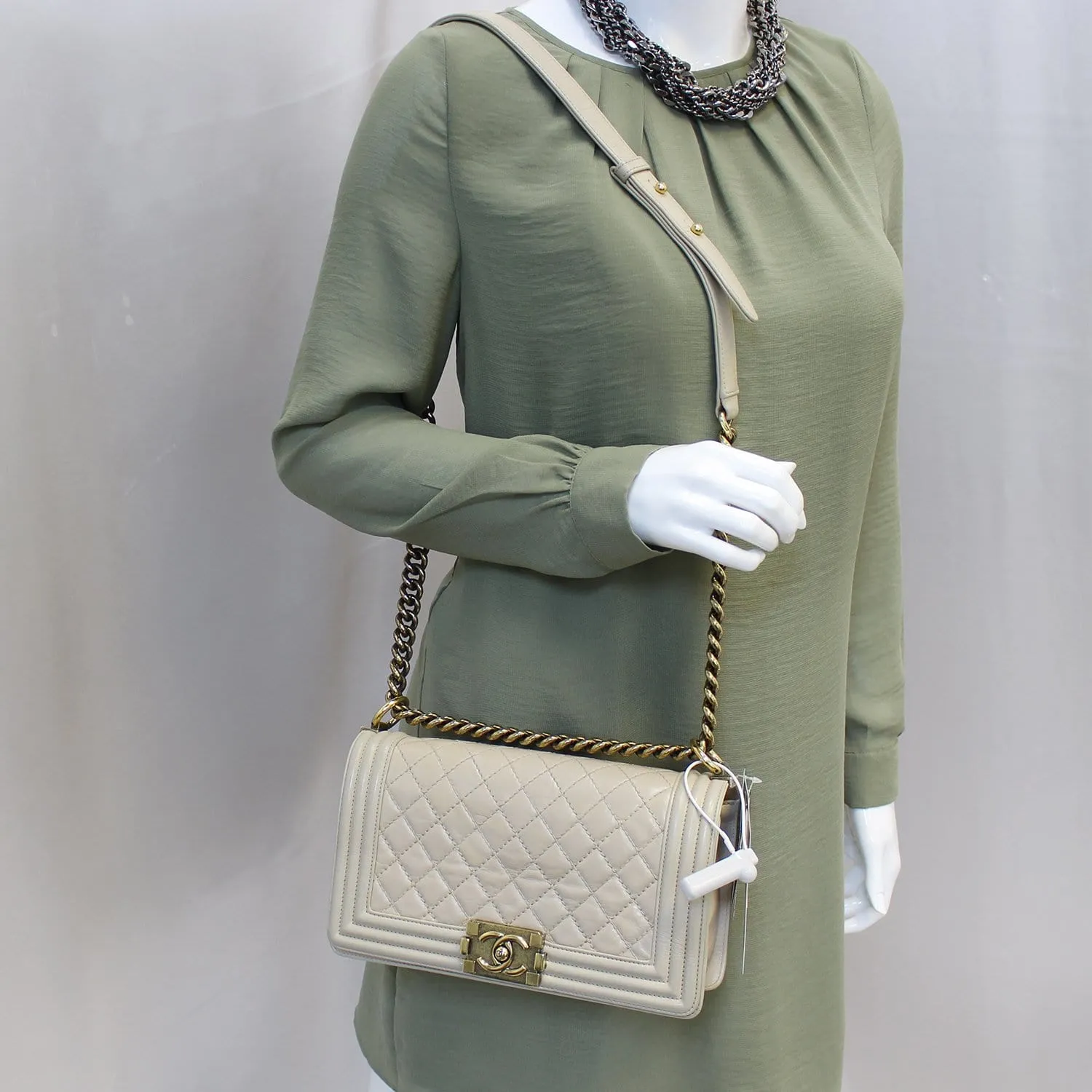 CHANEL Medium Boy Flap Quilted Leather Beige Shoulder Bag