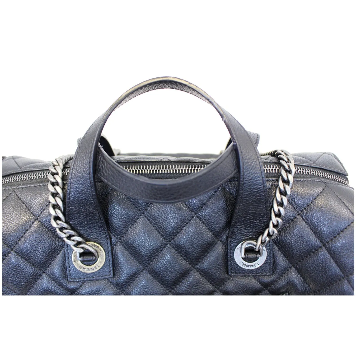 CHANEL Metallic Grained Calfskin Quilted Leather Bowling Bag