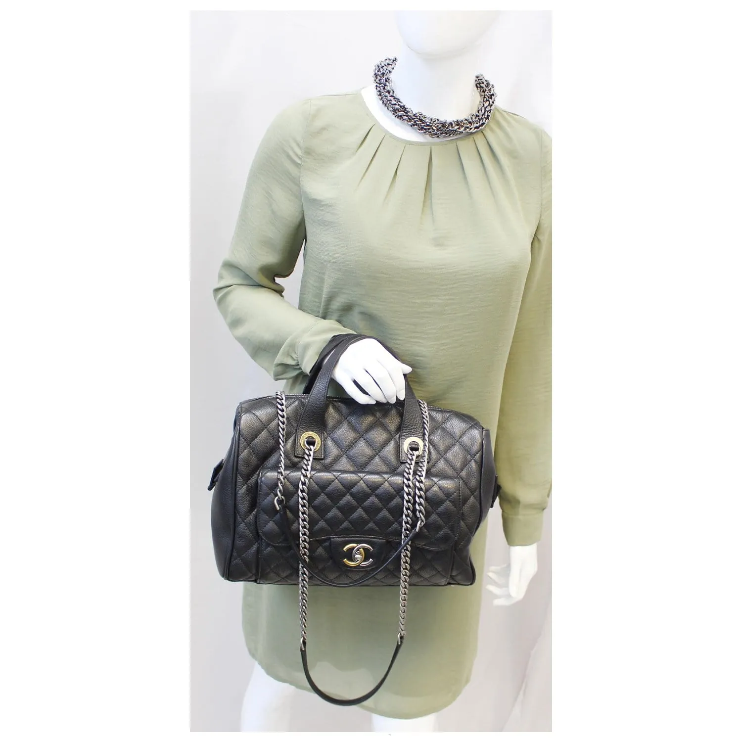 CHANEL Metallic Grained Calfskin Quilted Leather Bowling Bag