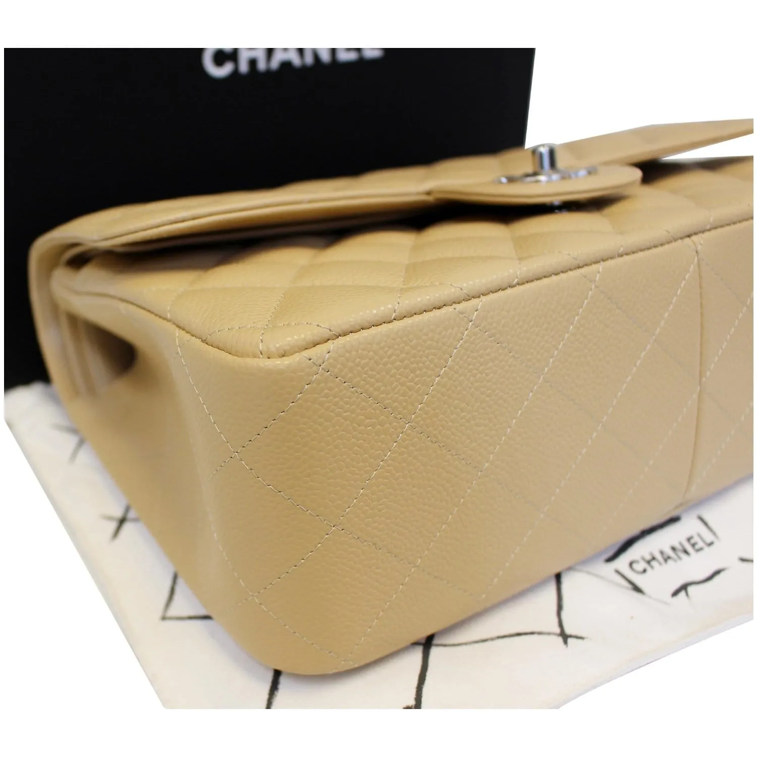 CHANEL Timeless Classic Jumbo Double Flap Caviar Leather Shoulder Bag Beige