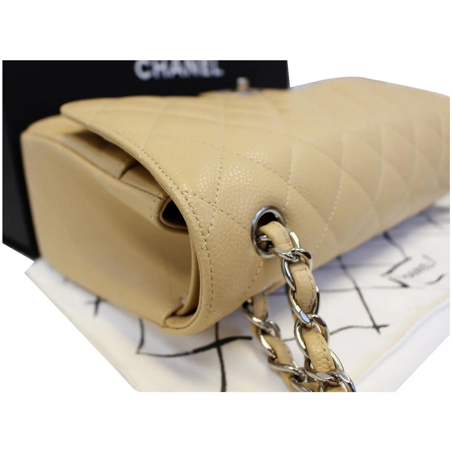 CHANEL Timeless Classic Jumbo Double Flap Caviar Leather Shoulder Bag Beige