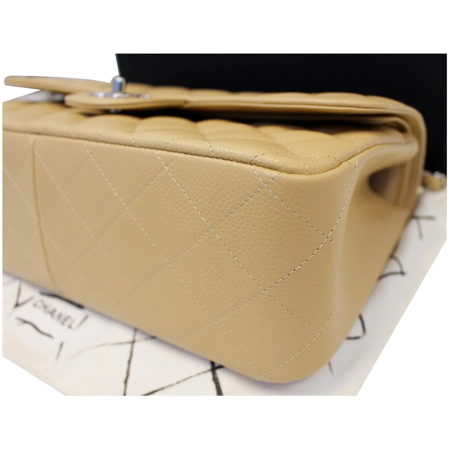 CHANEL Timeless Classic Jumbo Double Flap Caviar Leather Shoulder Bag Beige