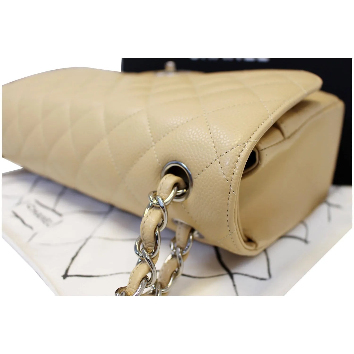CHANEL Timeless Classic Jumbo Double Flap Caviar Leather Shoulder Bag Beige