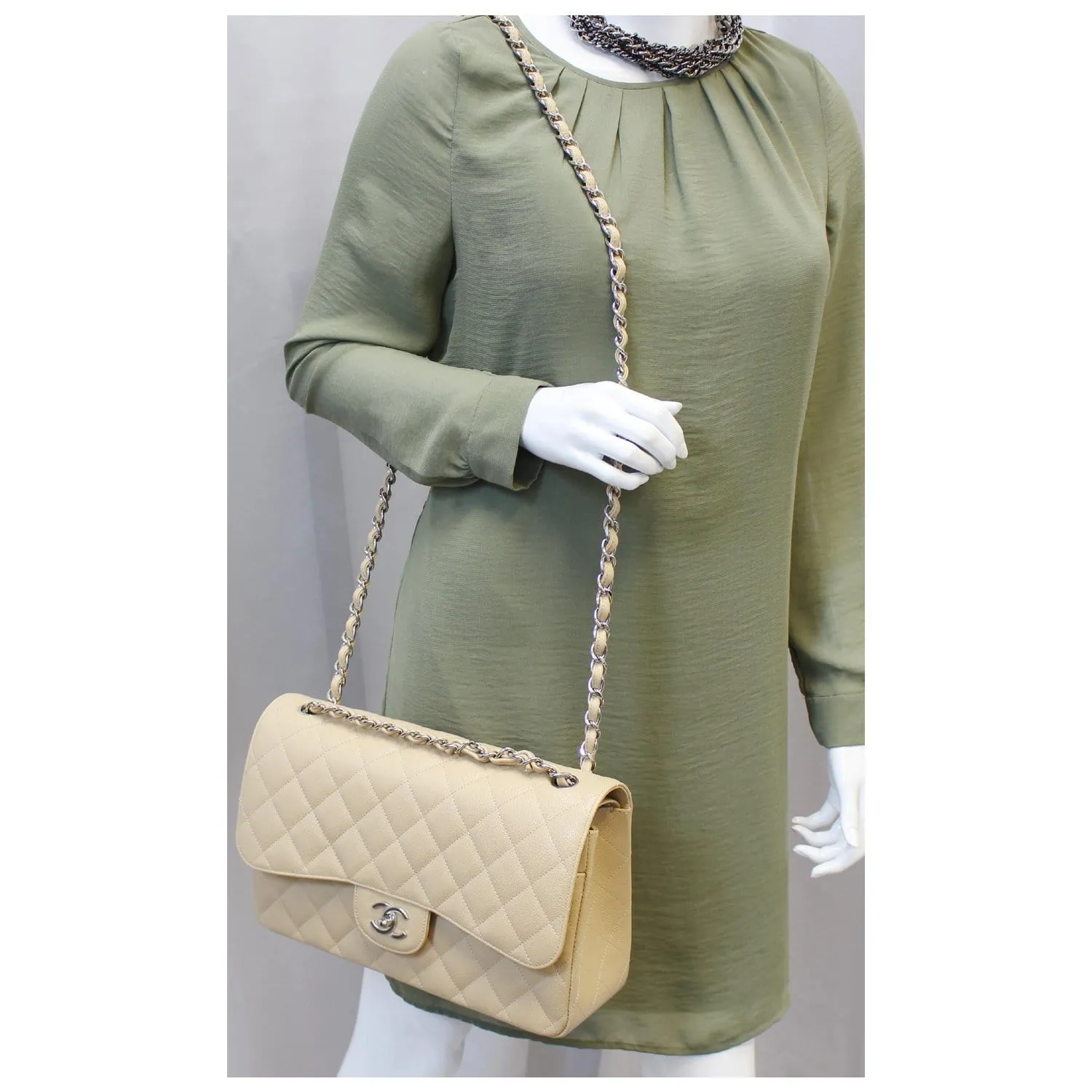 CHANEL Timeless Classic Jumbo Double Flap Caviar Leather Shoulder Bag Beige