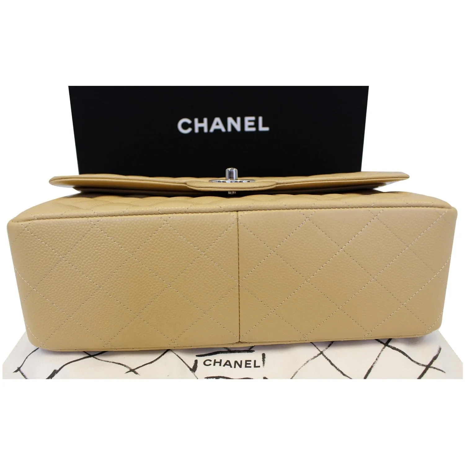 CHANEL Timeless Classic Jumbo Double Flap Caviar Leather Shoulder Bag Beige