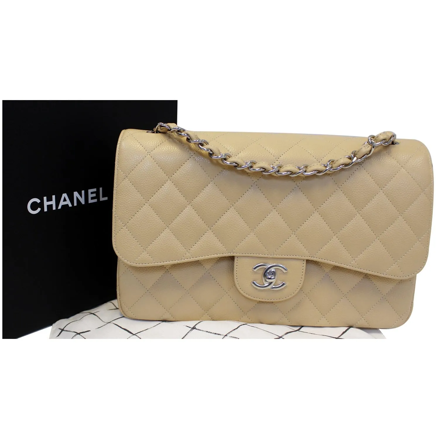 CHANEL Timeless Classic Jumbo Double Flap Caviar Leather Shoulder Bag Beige