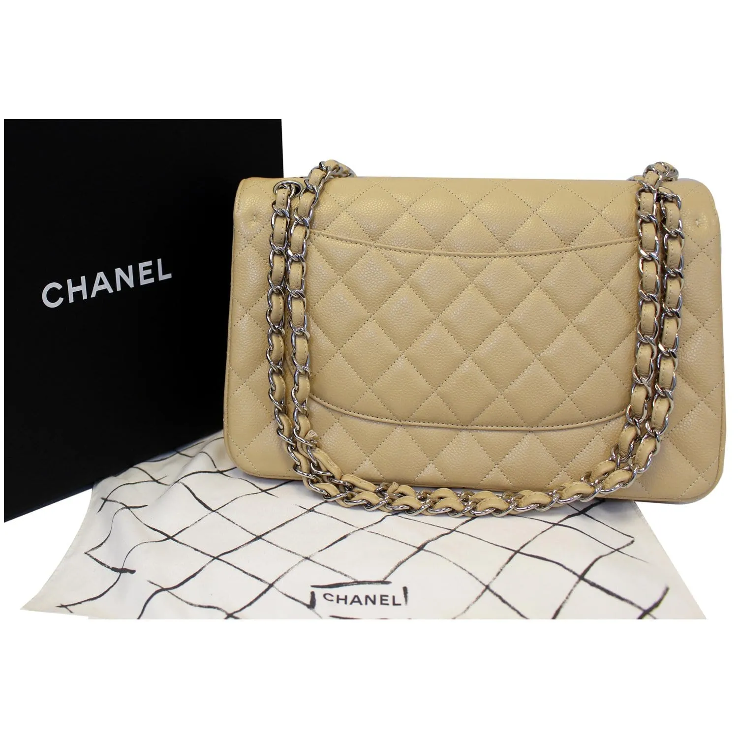 CHANEL Timeless Classic Jumbo Double Flap Caviar Leather Shoulder Bag Beige