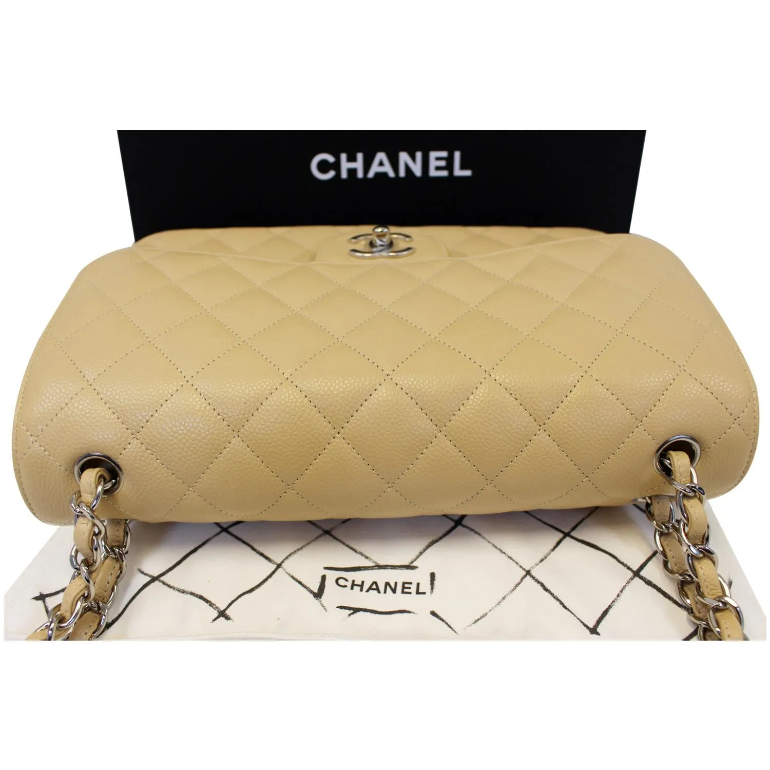 CHANEL Timeless Classic Jumbo Double Flap Caviar Leather Shoulder Bag Beige