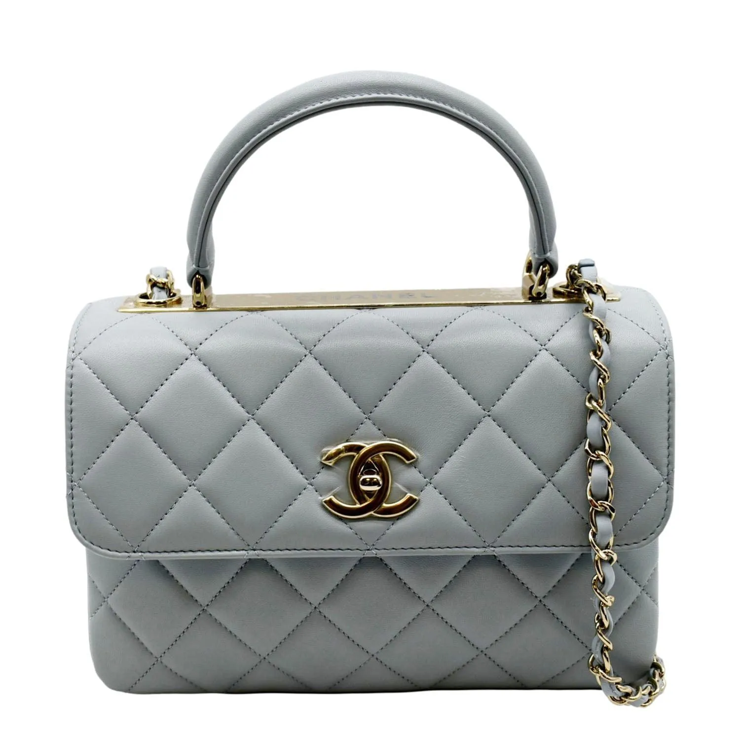 CHANEL Trendy CC Top Handle Flap Quilted Leather Shoulder Bag Light Blue