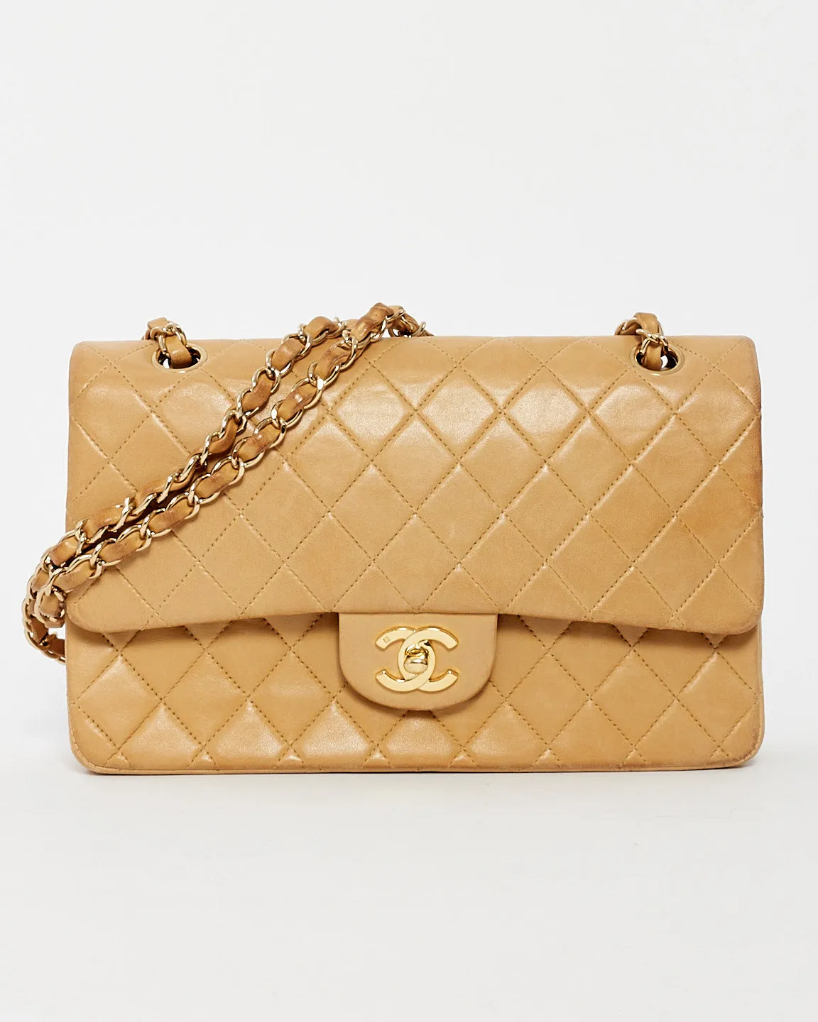 Chanel Vintage Beige Lambskin Medium Double Flap Bag GHW