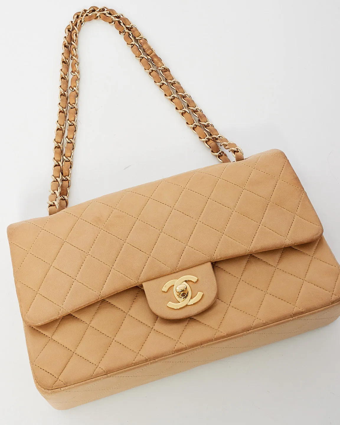 Chanel Vintage Beige Lambskin Medium Double Flap Bag GHW