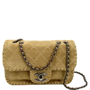CHANEL Whipstitch Small Flap Suede Shoulder Bag Beige
