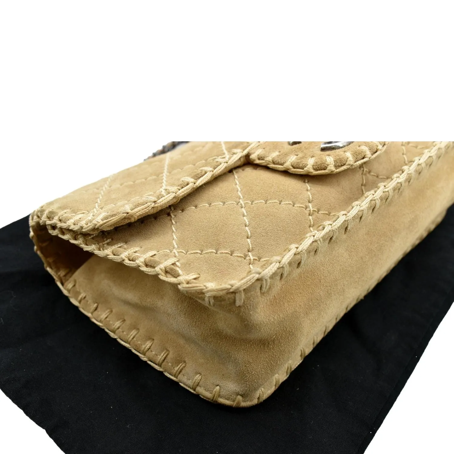 CHANEL Whipstitch Small Flap Suede Shoulder Bag Beige