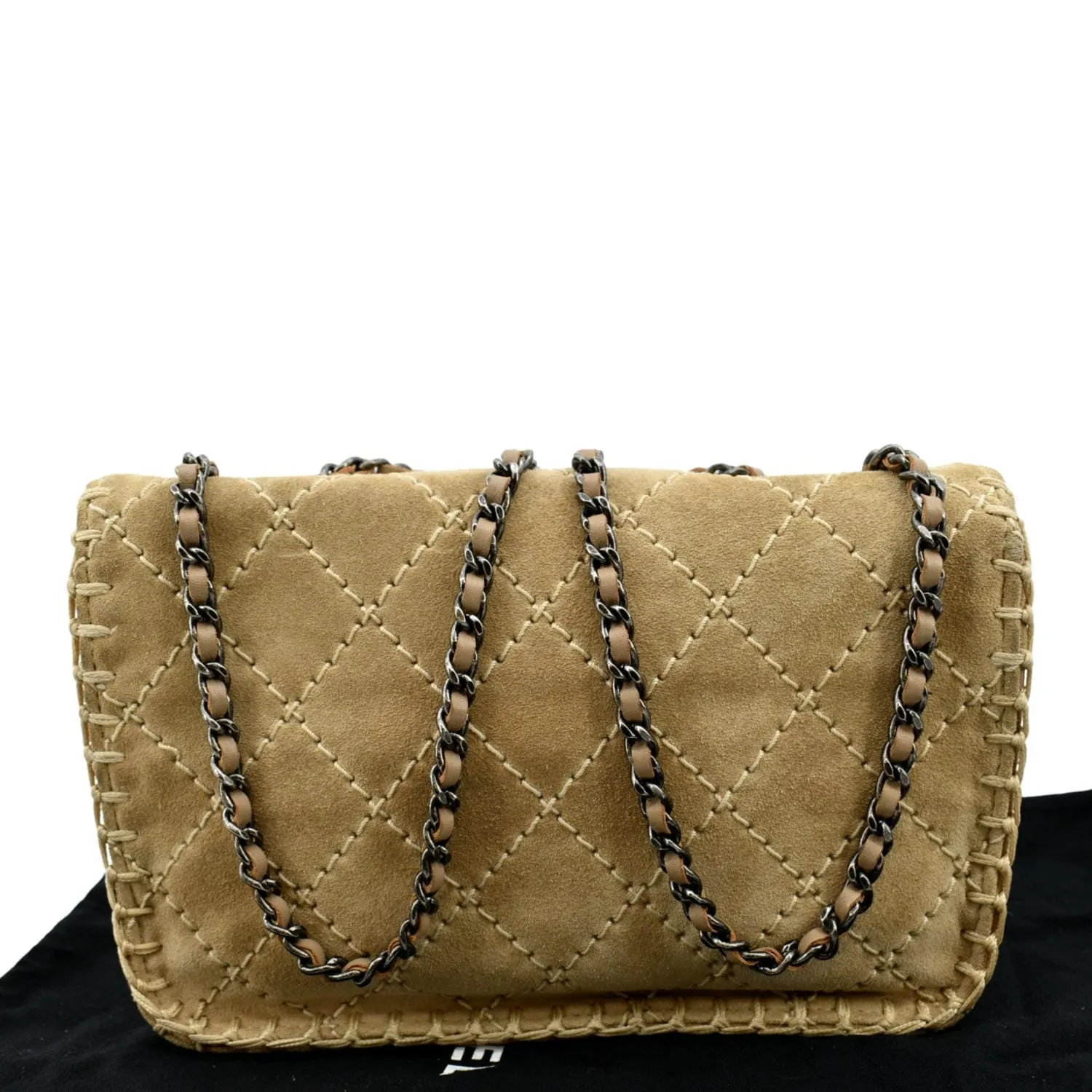 CHANEL Whipstitch Small Flap Suede Shoulder Bag Beige