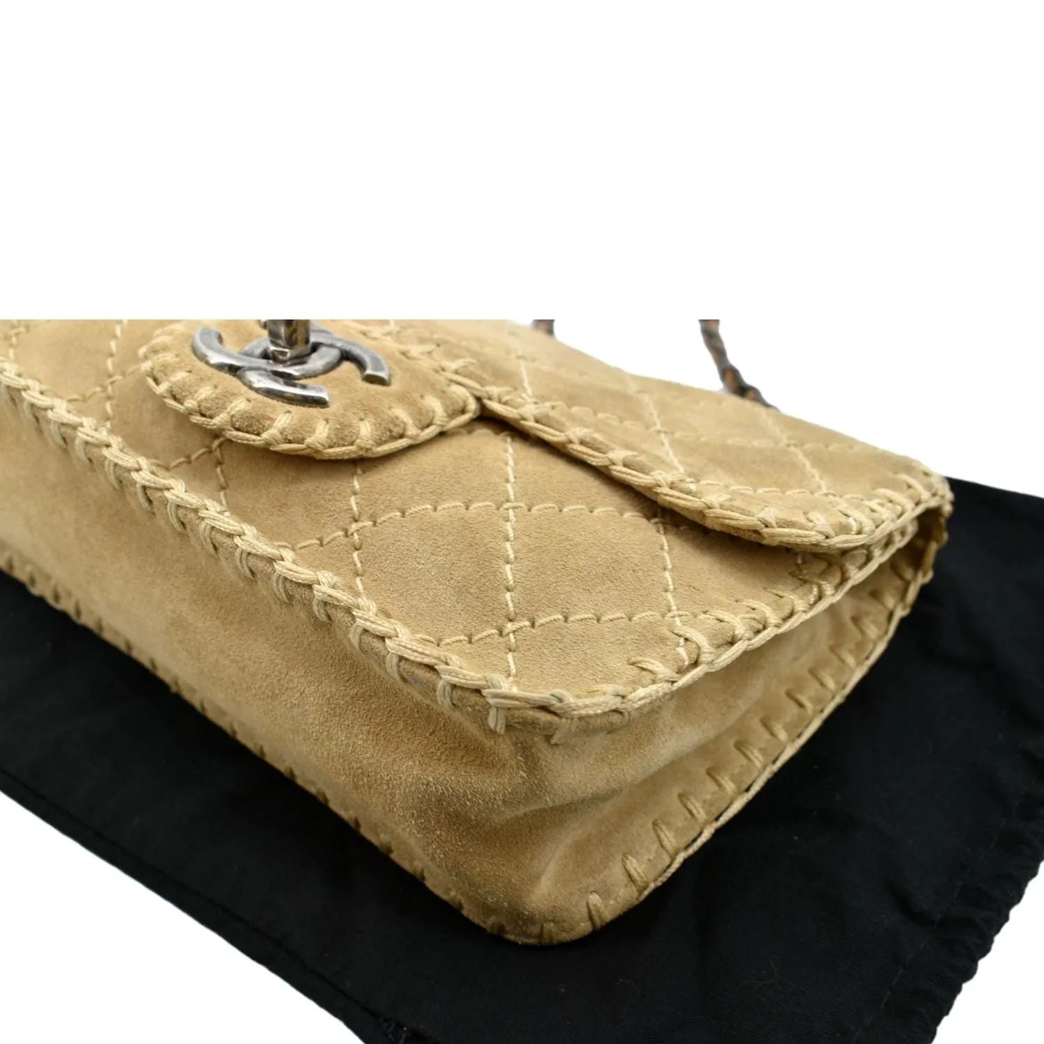 CHANEL Whipstitch Small Flap Suede Shoulder Bag Beige