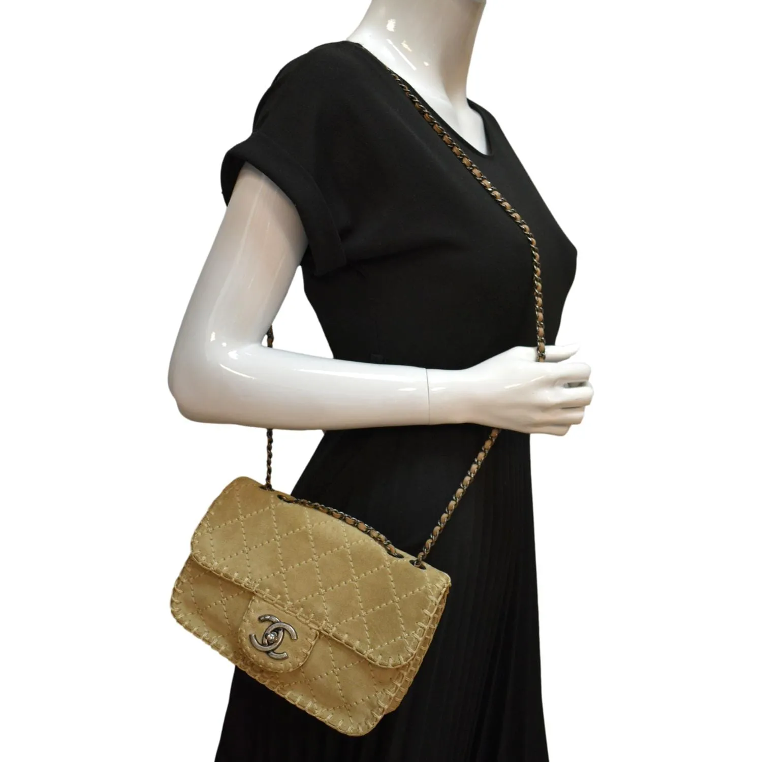 CHANEL Whipstitch Small Flap Suede Shoulder Bag Beige