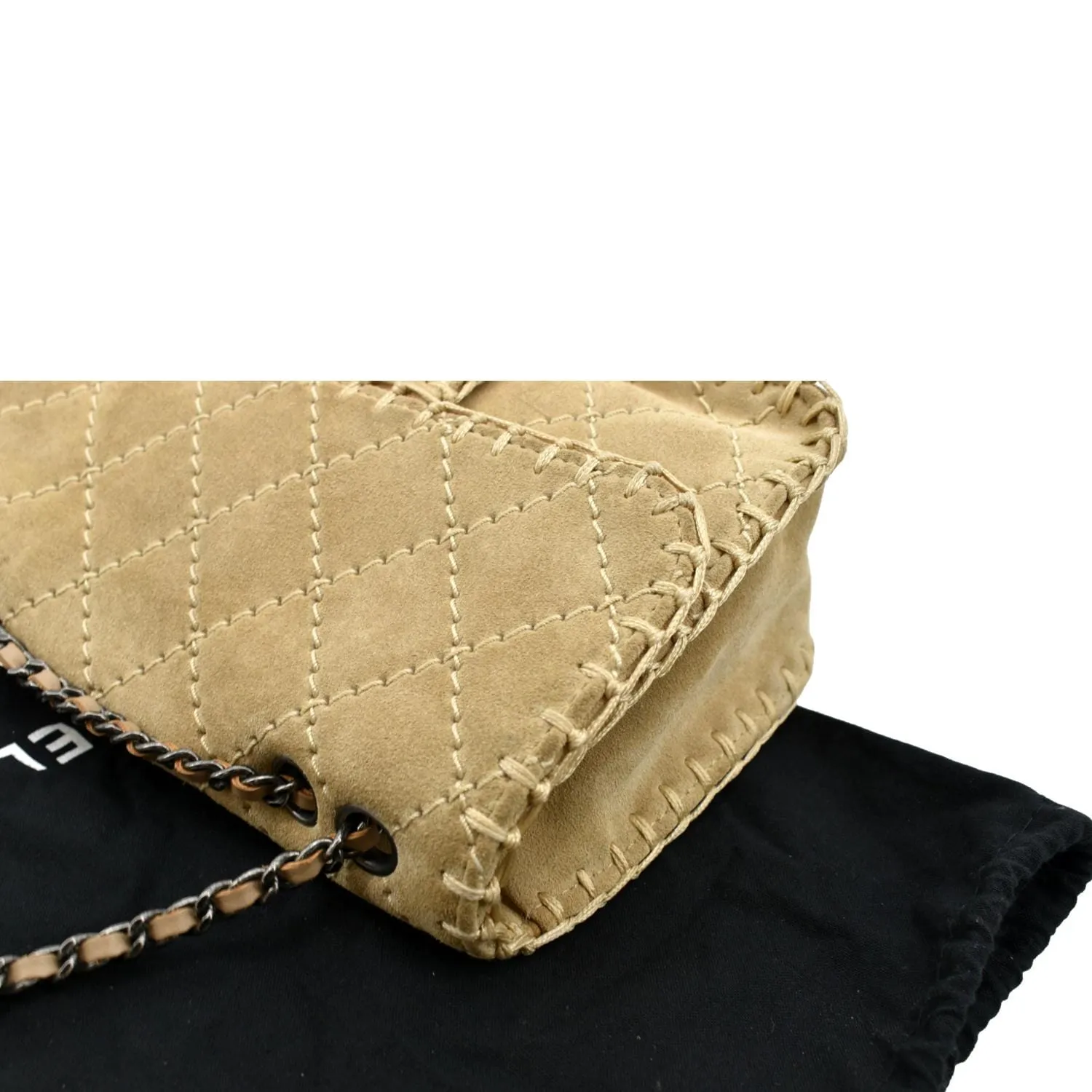 CHANEL Whipstitch Small Flap Suede Shoulder Bag Beige