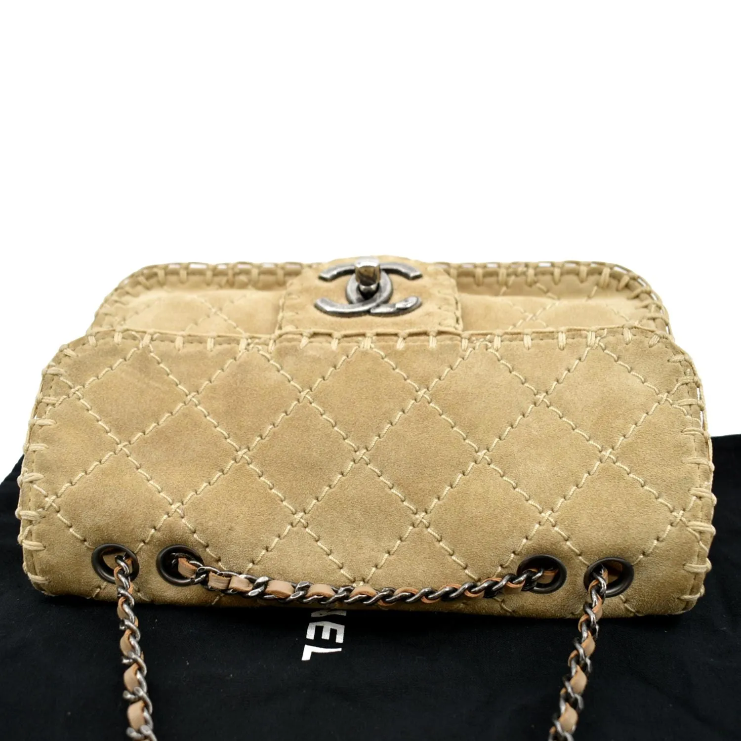 CHANEL Whipstitch Small Flap Suede Shoulder Bag Beige