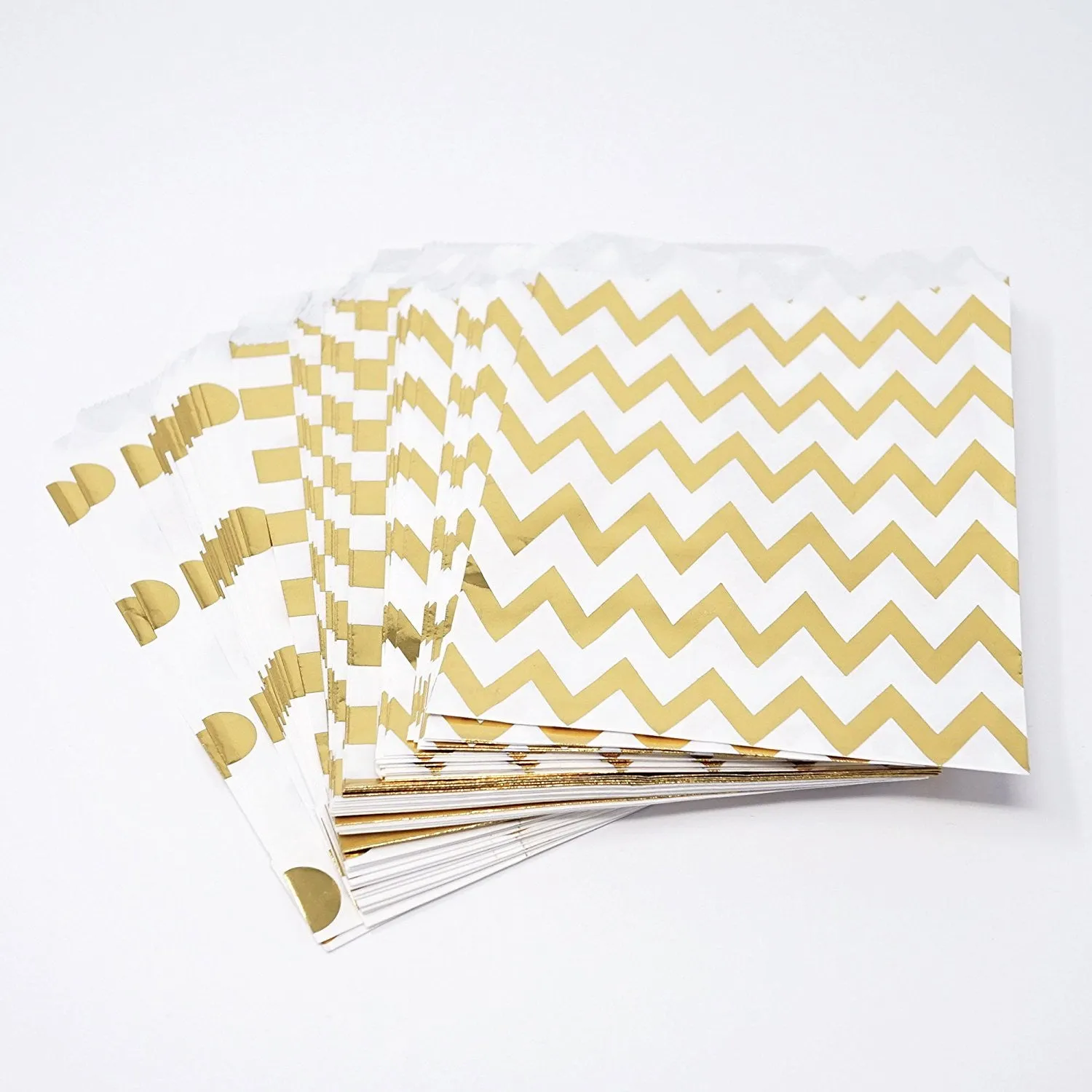 Chevron Polka Dot Stripe Gold Foil Paper Treat Favor Bags 5x7 Gift Bags - 48 count