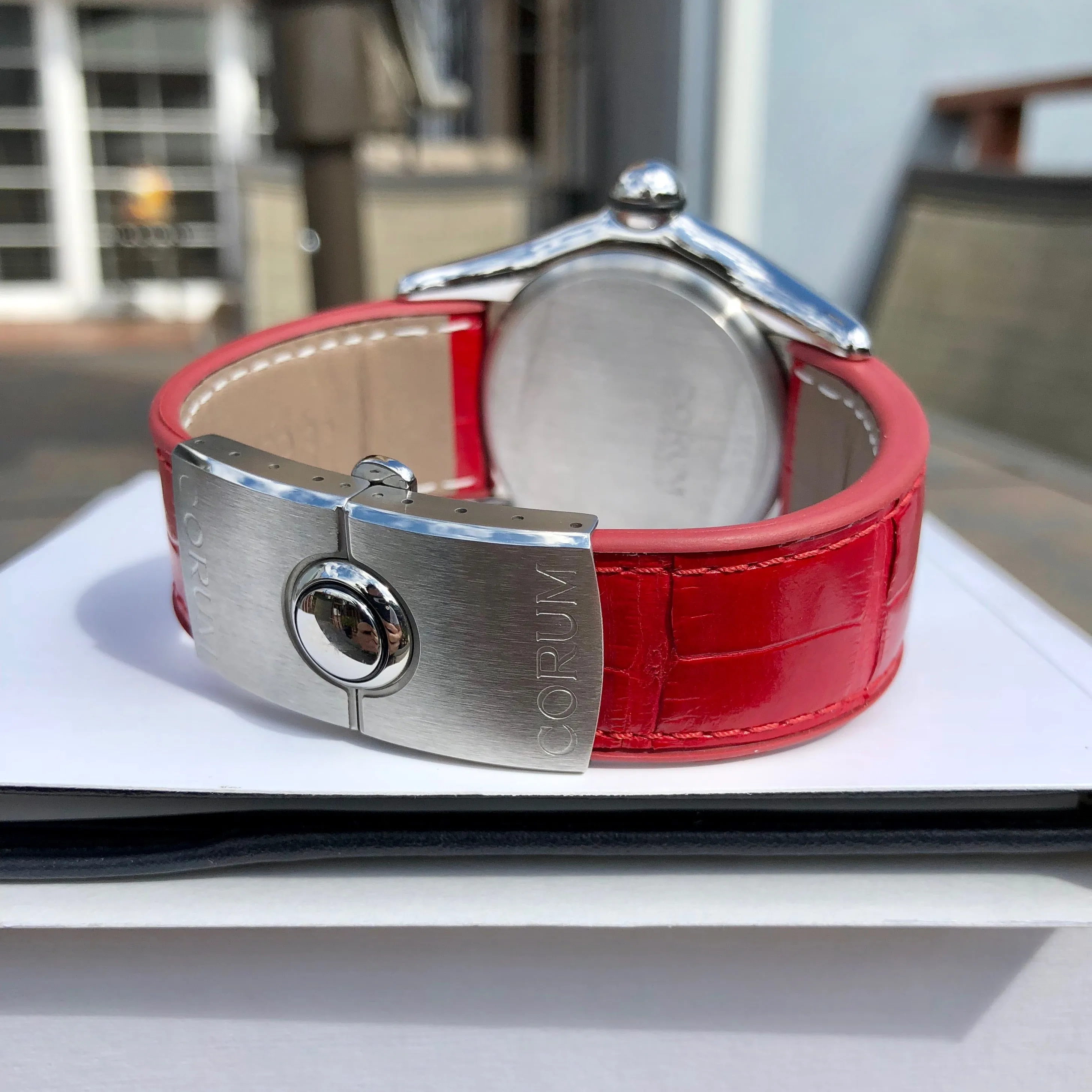 Corum Bubble Swiss Flag 163.150.20 45mm Stainless Steel Red Leather Wristwatch Box & Papers