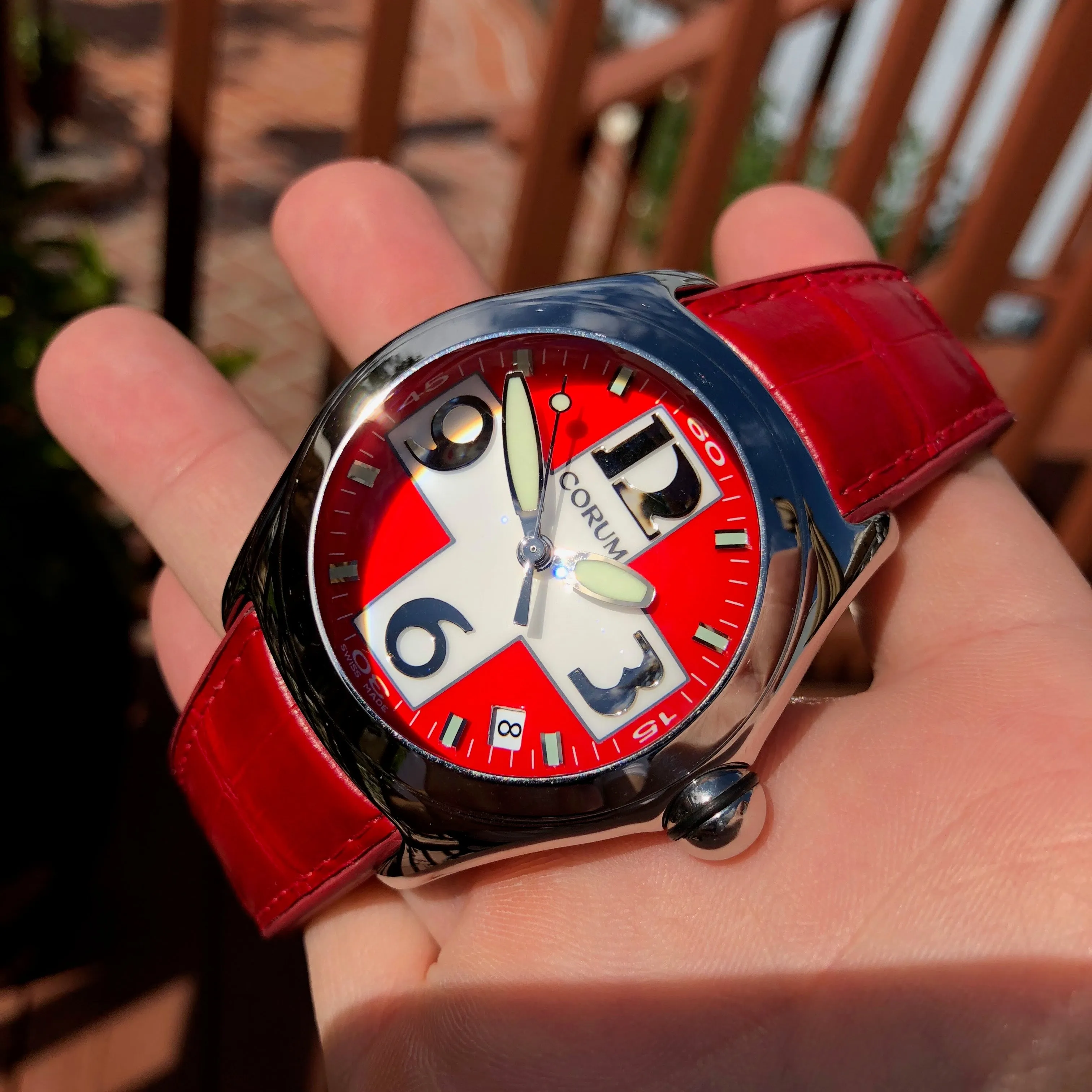 Corum Bubble Swiss Flag 163.150.20 45mm Stainless Steel Red Leather Wristwatch Box & Papers