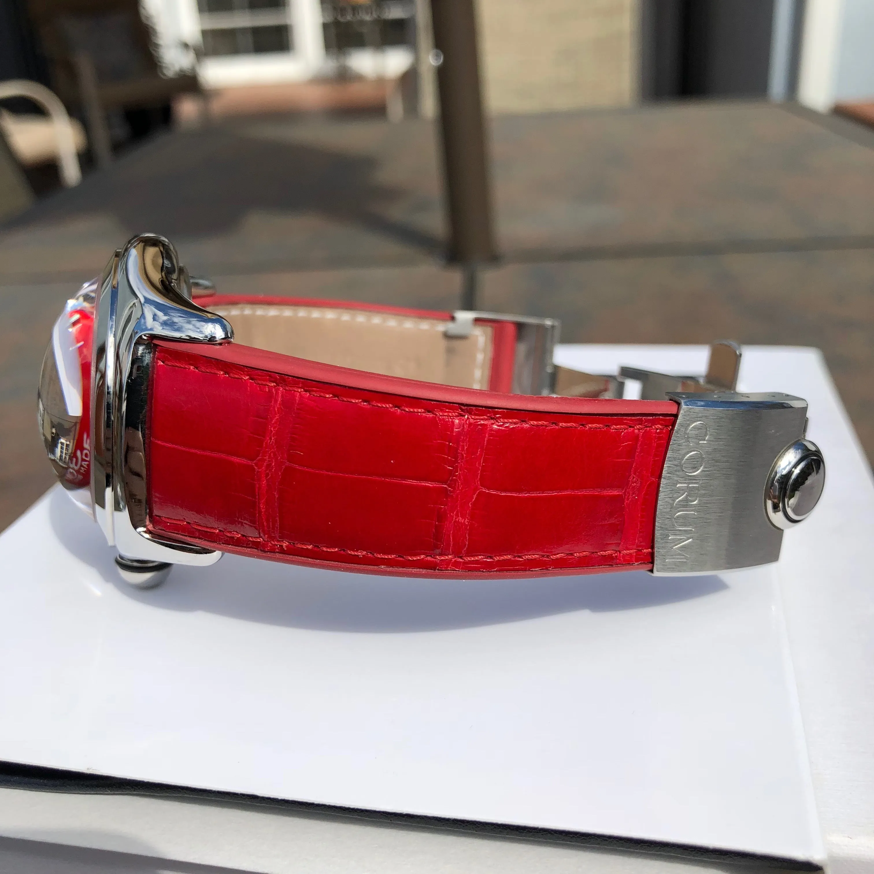 Corum Bubble Swiss Flag 163.150.20 45mm Stainless Steel Red Leather Wristwatch Box & Papers